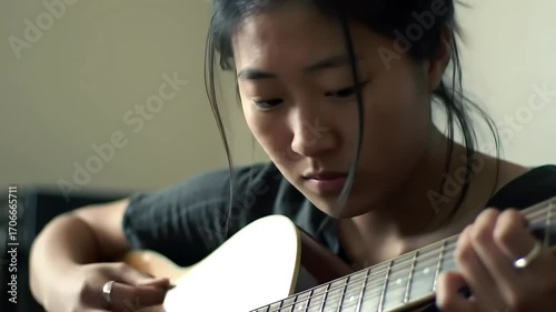 Woman playing acoustic guitar indoors.