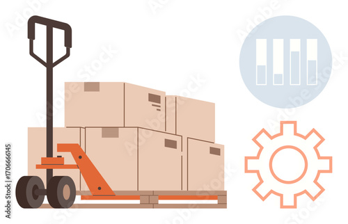 Hand pallet truck moving boxes on wooden pallet alongside gear and bar chart elements. Ideal for logistics, warehouse, shipping, efficiency, supply chain, operations, and productivity concepts