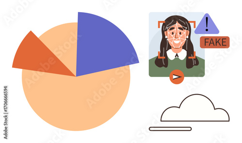 Pie chart, face recognition analysis with fake alert warning, cloud illustration. Ideal for technology, artificial intelligence, data analysis, digital security, identity verification, fraud