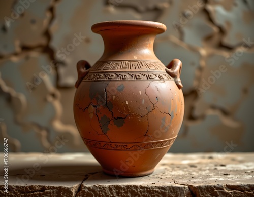 A large, rustic looking clay vase placed against a textured, peeling wall