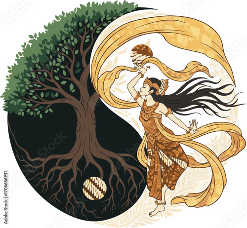 Traditional Indonesian Dancer and Tree of Life in a Symbolic Yin-Yang Design with Batik Patterns