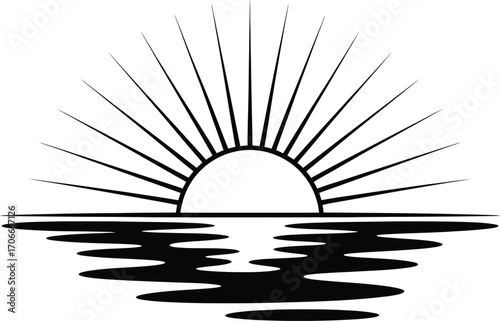 Stylized Sunrise Over Water Silhouette Graphic