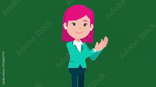 Woman presenting with green background.