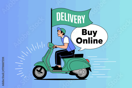 A delivery rider on a scooter speeds along, proudly displaying a flag that reads 'Delivery' while promoting online shopping in a dynamic and vibrant colorful illustration.