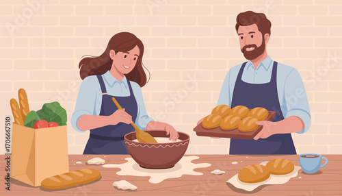 A delightful scene of two people baking together, showcasing the process of mixing dough with a positive atmosphere, symbolizing teamwork and joy in cooking.