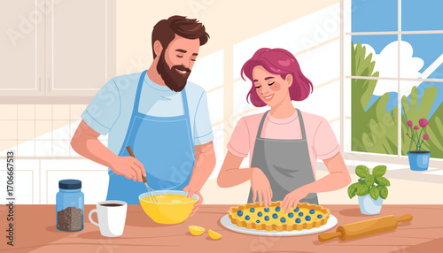 This cheerful image captures a couple happily baking together in a bright, sunlit kitchen, embodying warmth, teamwork, and a love for culinary creativity and connection.