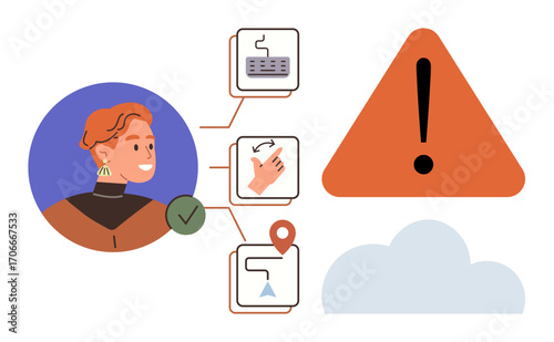 Person connected to task workflow icons including interaction, keyboard, and location. Includes warning symbol and cloud. Ideal for technology, user interface, workflow, alert systems, guidance