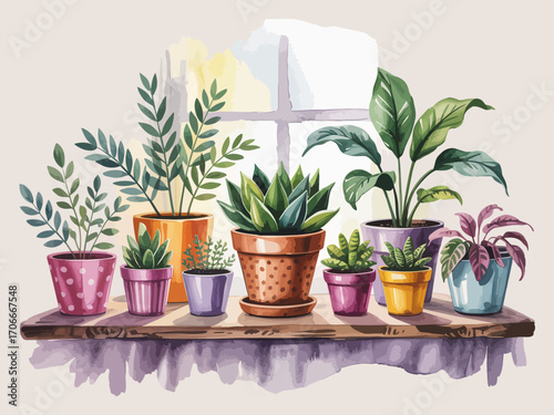 This image features a vibrant collection of potted plants displayed on a wooden shelf, showcasing a variety of colorful containers and lush greenery that brightens the space.