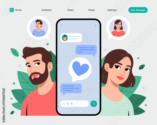 A modern chat application interface showcases social interaction between two individuals through text messages, featuring emotive elements and an inviting color palette.