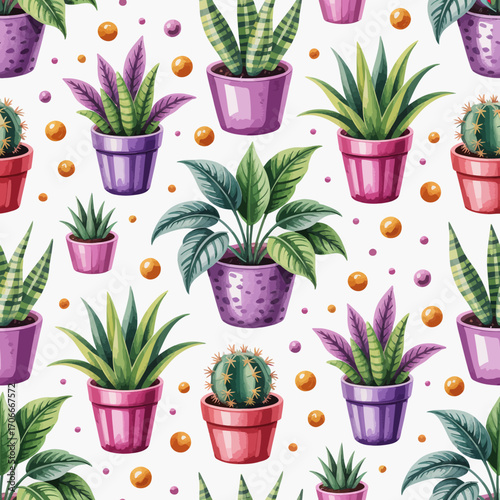 A vibrant illustration featuring a variety of potted plants and decorative orbs, creating a lively and refreshing atmosphere perfect for enhancing any space.