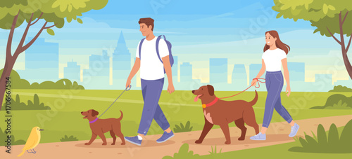 A young couple strolls with their two playful dogs while a chicken observes nearby, capturing the essence of joy and companionship amidst a lively park backdrop.