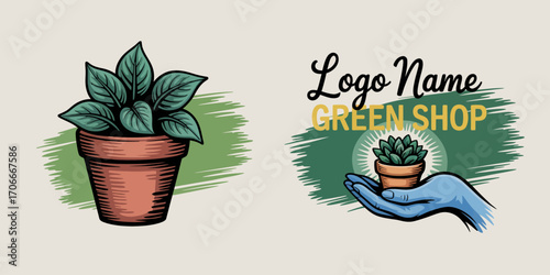 This logo features a vibrant plant in a terracotta pot placed in an artistic hand, emphasizing themes of nurturing nature and eco-friendliness in a modern design.