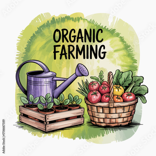 A vibrant watering can, seedlings, and a basket of fresh tomatoes highlight the core elements of organic farming in an engaging and colorful visual representation.