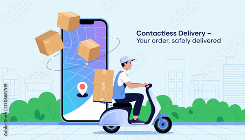 An illustration shows a delivery rider on a scooter in front of a glowing digital map, highlighting the concept of safe contactless delivery for urban customers.