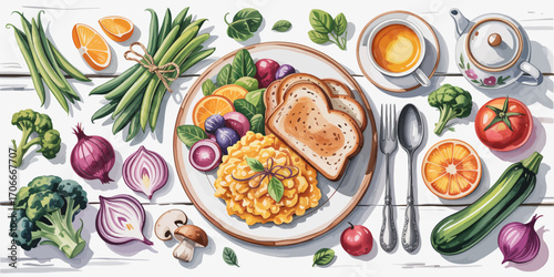 A refreshing brunch display featuring scrambled eggs, toast, and assorted fresh vegetables and fruits, celebrating healthy eating and culinary creativity on a white table.