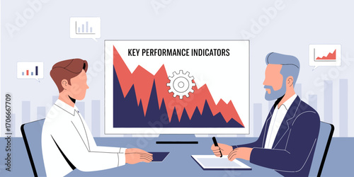 A focused discussion between two professionals evaluating key performance indicators that critically analyze important metrics to strategize business improvements effectively.