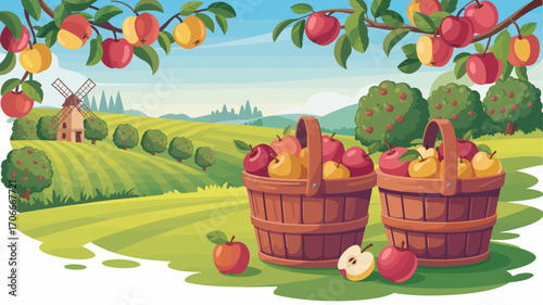 A serene landscape depicting an apple orchard with trees, baskets of freshly harvested apples, and a picturesque windmill, celebrating the beauty of nature and agriculture.