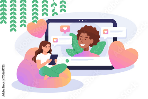 A girl sits comfortably as she interacts with a digital platform, highlighting the importance of social connections in everyday life and emotional expressions.