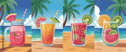 A lively assortment of summer beverages, showcasing colorful drinks with fresh fruits, surrounded by a serene beach scene that epitomizes relaxation and enjoyment.