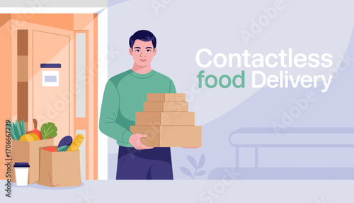 A friendly illustration of a man carrying stacked boxes, symbolizing the ease and efficiency of contactless delivery during modern times, highlighting convenience and customer care.