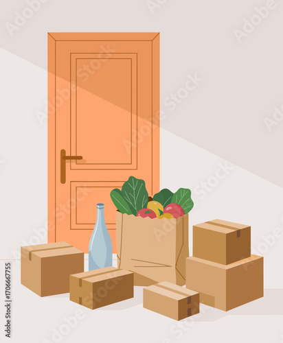 A vibrant scene featuring a bag of fresh groceries and several boxes placed at an inviting doorstep, capturing the essence of home delivery convenience and fresh produce.