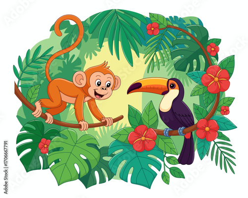 A charming illustration showcasing a playful monkey interacting with a toucan amidst lush tropical foliage, designed to capture the beauty of jungle wildlife.