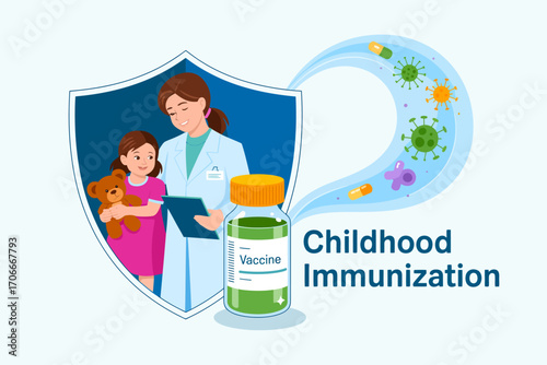 An illustrative depiction of a doctor and a child holding a teddy bear beside a vaccine bottle, highlighting the importance of childhood immunization for good health.
