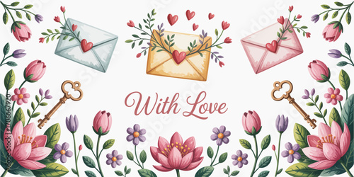 This vibrant illustration features envelopes adorned with hearts and flowers, symbolizing love and communication in an artistic blend of nature and romance.