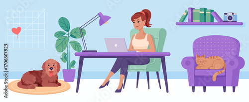 A delightful illustration of a relaxing home office, showcasing a woman, her pets, and beautiful plants, emphasizing a harmonious blend of work and comfort.