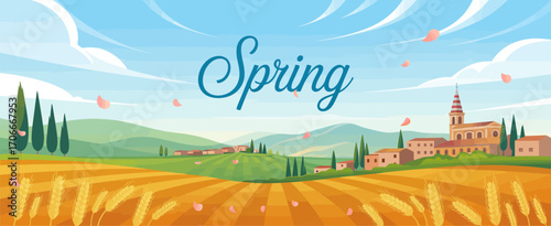 A stunning illustration of a vibrant spring landscape featuring a picturesque village surrounded by golden fields and gentle hills, celebrating nature's beauty and renewal.