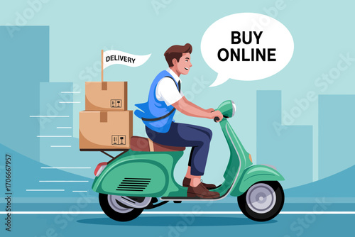 An energetic delivery rider on a scooter showcases professionalism as he carries packages, promoting the benefits of online shopping in a vibrant and dynamic illustration.