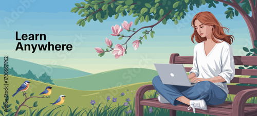 A woman deeply engaged in learning on her laptop while sitting in a lush green environment, illustrating the harmonious blend of technology and nature in education.