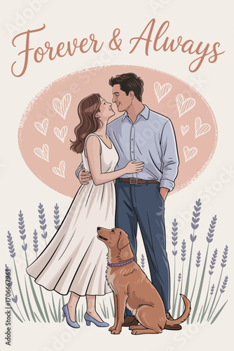 An enchanting image showcases a couple sharing a close moment with their dog, enveloped by nature's beauty and symbolizing deep love, companionship, and cherished time together.