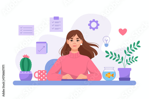 A contemplative woman sits at her desk, deep in thought as she reflects on her work, surrounded by plants, fishbowl, and creative elements in a vivid illustration style.