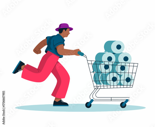 This energetic illustration depicts a vibrant character racing with a shopping cart full of toilet paper rolls, effectively capturing the essence of excited shopping experiences.