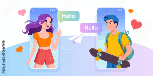 An engaging illustration of two teenagers chatting through their phones, showcasing the excitement and spontaneity of new connections in the digital world.