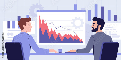 Two professionals analyzing a decline in performance metrics during a team discussion, focusing on how to address issues and implement improvement strategies for success.