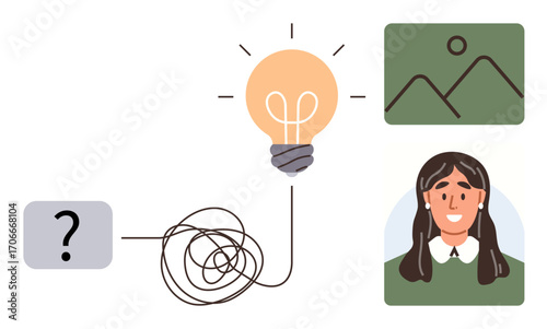 Tangled wire leads to bright lightbulb, framed landscape, and smiling woman. Ideal for creativity, problem-solving, innovation, clarity, communication success connection. Simple flat metaphor