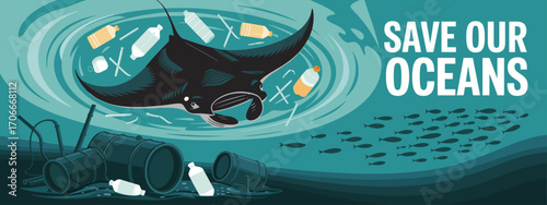This striking image highlights the environmental crisis caused by pollution, showcasing marine life entangled in waste and emphasizing the need for ocean conservation.
