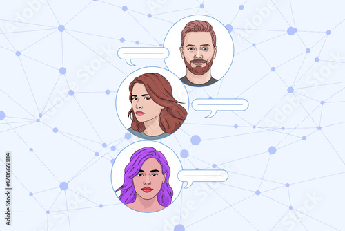 This image depicts three individuals engaged in a conversation online, symbolizing digital interaction and the importance of social platforms in today's world.