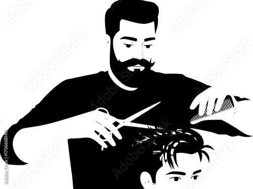 flat vector illustrations A barber meticulously cuts a customer's hair with scissors, showcasing precision and care in a classic black and white silhouette