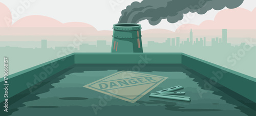 The image depicts polluted water with a visible danger sign reflected on the surface, alongside an industrial chimney releasing dark smoke into the sky.