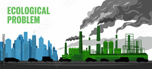 A stark representation of industrial pollution featuring factories emitting smoke and wastewater, underscoring the environmental challenges posed by urbanization and industrial activities.