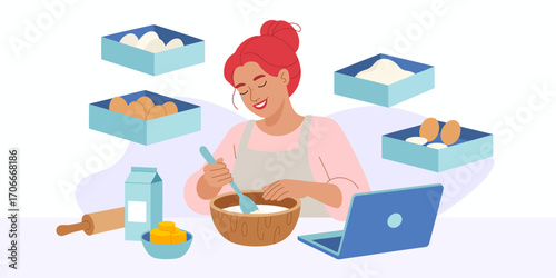 In a bright kitchen, a happy baker mixes ingredients in a bowl while enjoying the process, with her laptop nearby for an easy recipe reference amidst the colorful ingredients.
