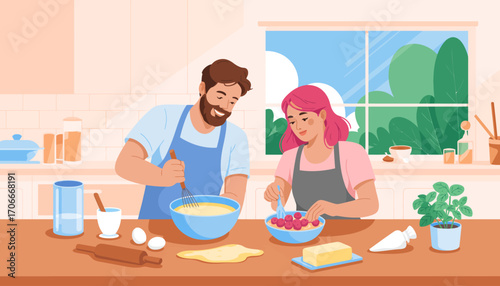 A joyful couple enjoys baking together in a warm kitchen, surrounded by ingredients and cooking utensils, creating delightful treats while sharing moments of happiness.