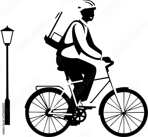 flat vector illustrations A person riding bicycle beside the lamppost. The person wears helmet with backpack on his back