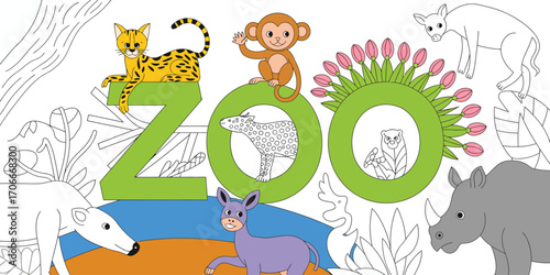 An engaging coloring page filled with playful zoo animals like leopards and monkeys, perfect for children to explore their creativity while learning about wildlife.