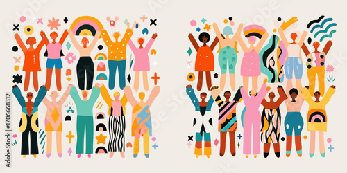 Diverse group of people with arms raised in celebration and unity with colorful abstract shapes and rainbows