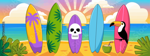 This vibrant image showcases an array of colorful surfboards against a beautiful tropical sunset backdrop, evoking feelings of adventure and relaxation by the sea.