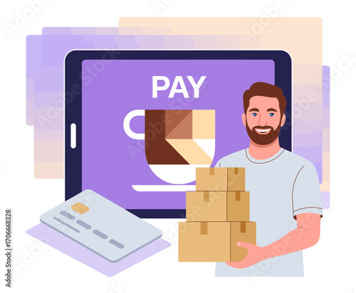 The illustration shows a cheerful man holding multiple boxes while standing next to a payment screen, symbolizing online shopping and easy delivery systems effectively.